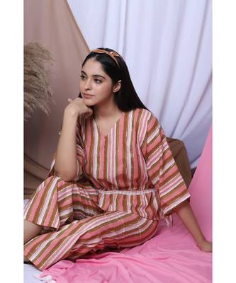Pink Stripe Printed Loungewear Set With Hairband 4