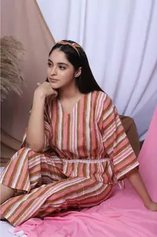 Pink Stripe Printed Loungewear Set With Hairband