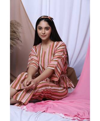 Pink Stripe Printed Loungewear Set With Hairband 5