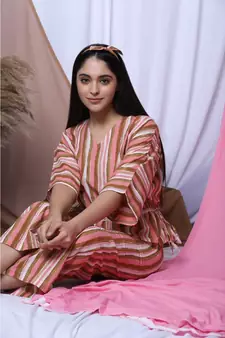 Pink Stripe Printed Loungewear Set With Hairband