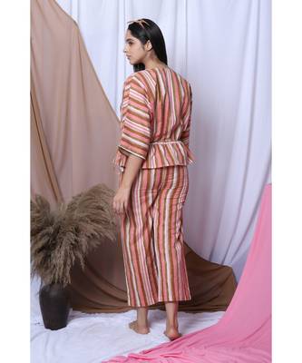 Pink Stripe Printed Loungewear Set With Hairband 6
