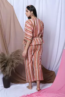 Pink Stripe Printed Loungewear Set With Hairband