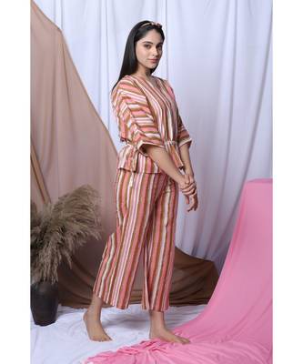 Pink Stripe Printed Loungewear Set With Hairband 7