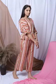 Pink Stripe Printed Loungewear Set With Hairband