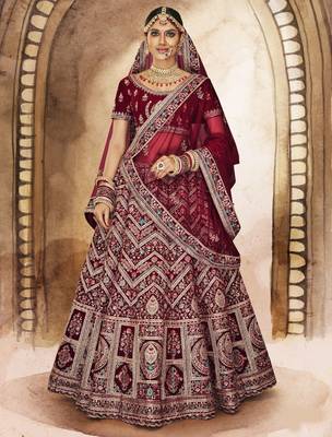 Maroon Thread, dori, zari, and sequins embroidered velvet lehenga choli for dulhan 1