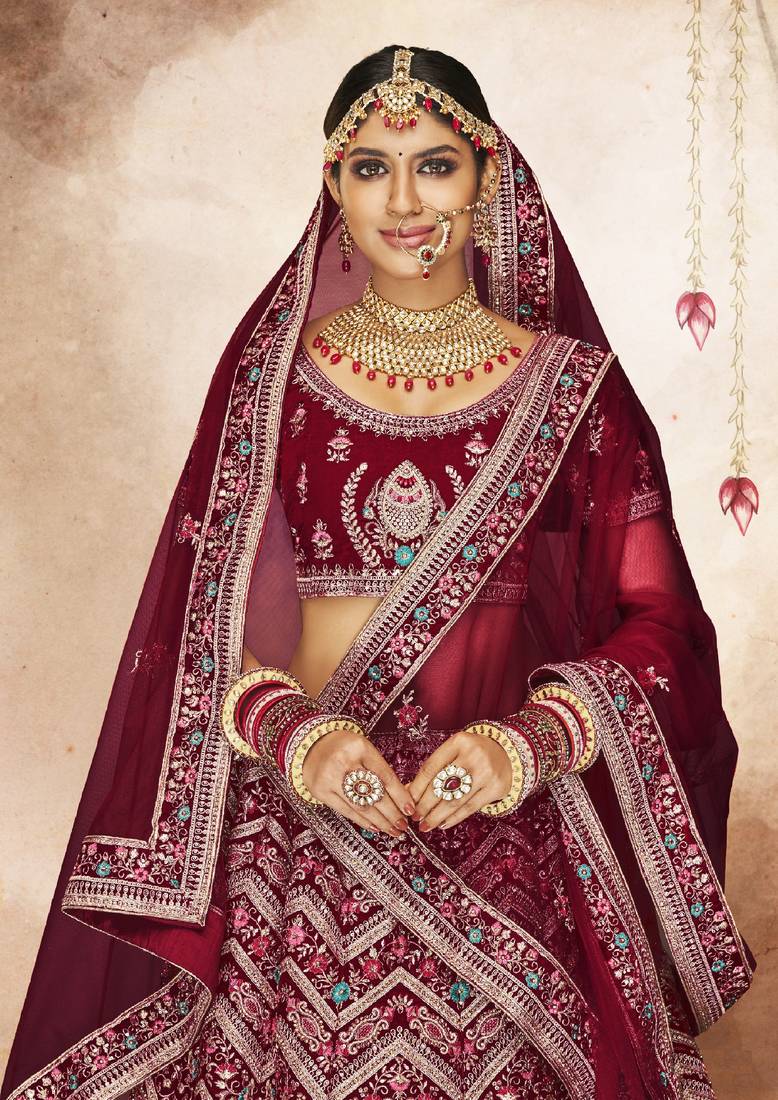 Maroon Thread, dori, zari, and sequins embroidered velvet lehenga choli for dulhan