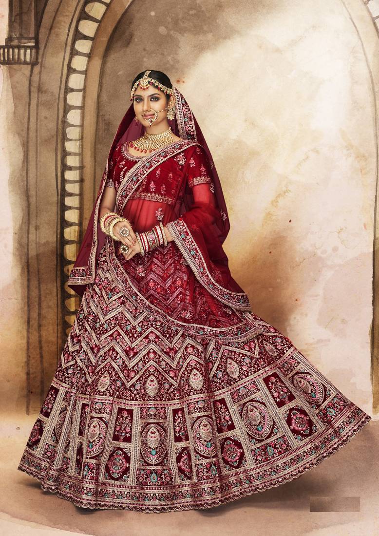 Maroon Thread, dori, zari, and sequins embroidered velvet lehenga choli for dulhan