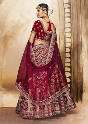 Maroon Thread, dori, zari, and sequins embroidered velvet lehenga choli for dulhan 4
