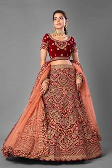 Maroon embroidered velvet semi stitched lehenga