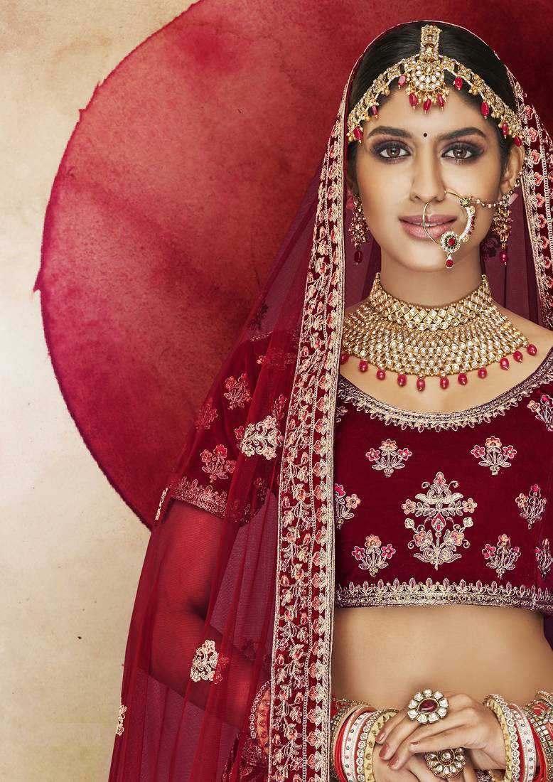 Maroon Thread, dori, zari, and sequins embroidered velvet lehenga choli for nuptial