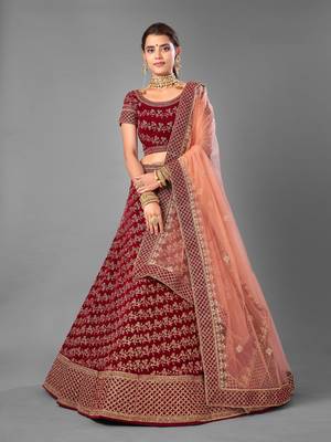 Maroon Dori embroidered velvet semi stitched lehenga 1