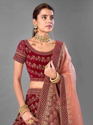 Maroon Dori embroidered velvet semi stitched lehenga 2