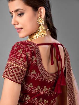 Maroon Dori embroidered velvet semi stitched lehenga 3