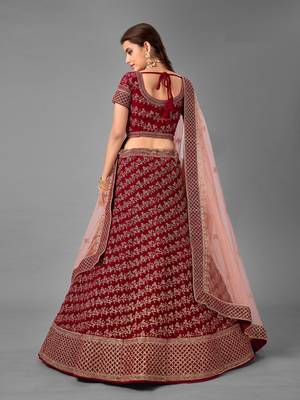 Maroon Dori embroidered velvet semi stitched lehenga 4