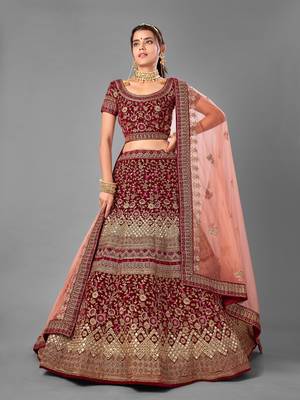 Maroon Dori embroidered velvet semi stitched lehenga 1
