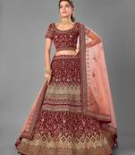 Maroon Dori embroidered velvet semi stitched lehenga