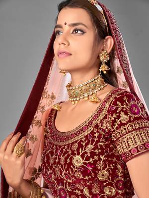 Maroon Dori embroidered velvet semi stitched lehenga 2