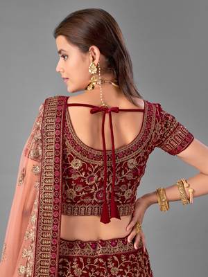Maroon Dori embroidered velvet semi stitched lehenga 3