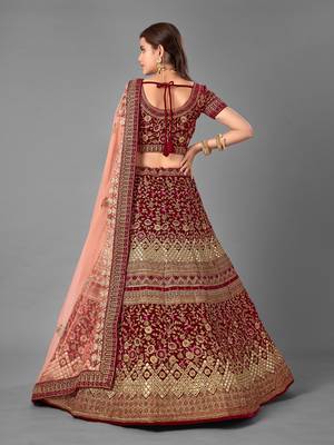 Maroon Dori embroidered velvet semi stitched lehenga 4