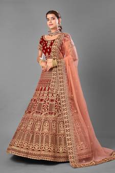 Maroon embroidered velvet semi stitched lehenga
