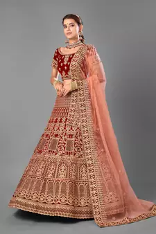Maroon embroidered velvet semi stitched lehenga