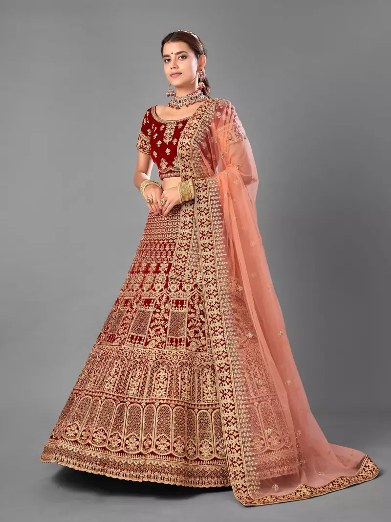 Maroon embroidered velvet semi stitched lehenga