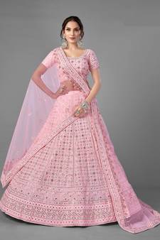 Pink embroidered georgette semi stitched lehenga