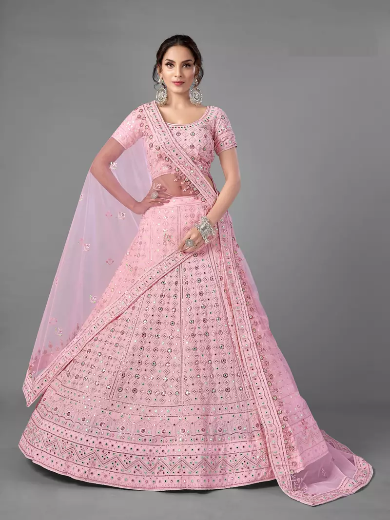Pink embroidered georgette semi stitched lehenga