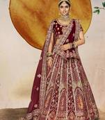 Maroon Thread, dori, zari, and sequins embroidered velvet bridal lehenga choli