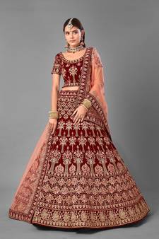 Maroon embroidered velvet semi stitched lehenga