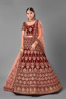 Maroon embroidered velvet semi stitched lehenga