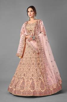 Peach embroidered georgette semi stitched lehenga