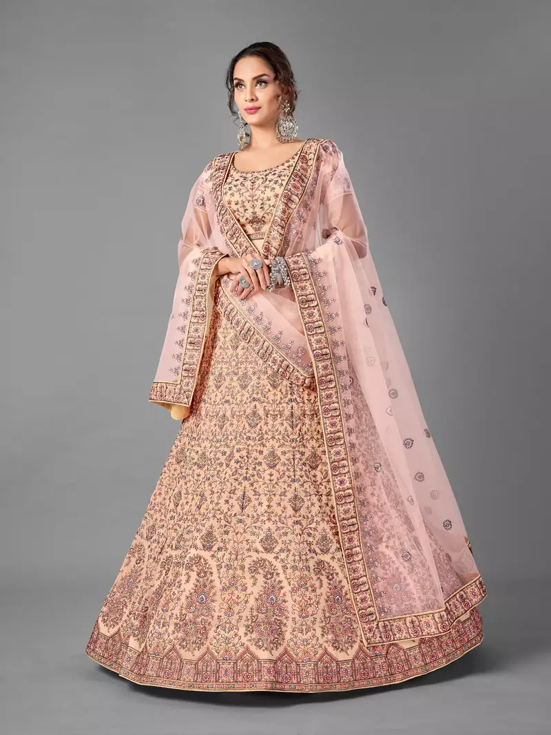Peach embroidered georgette semi stitched lehenga