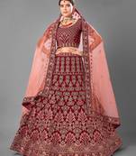 Maroon Dori embroidered velvet semi stitched lehenga