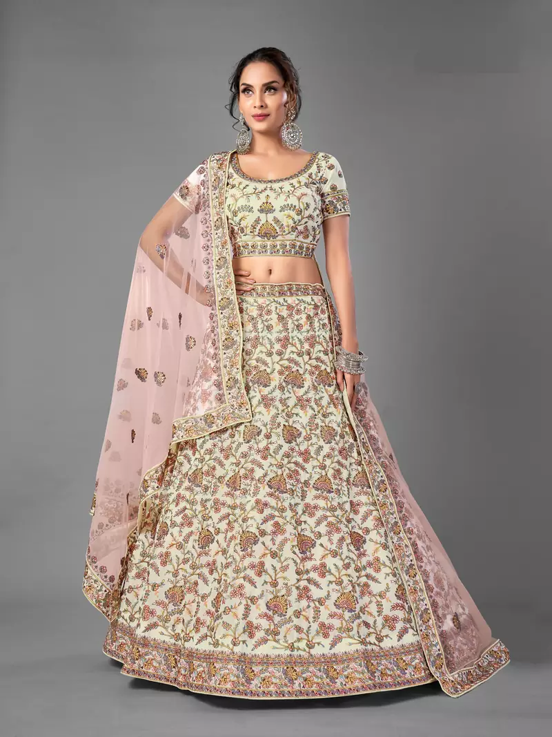 White embroidered georgette semi stitched lehenga