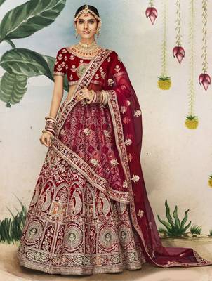 Maroon Thread, dori, zari, and sequins embroidered velvet wedding lehenga choli 1