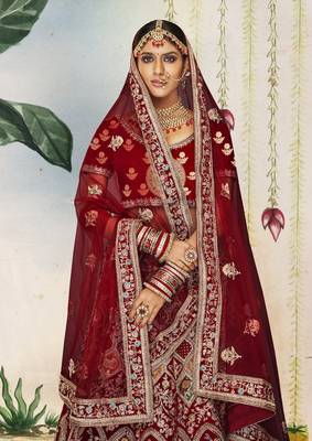 Maroon Thread, dori, zari, and sequins embroidered velvet wedding lehenga choli 3