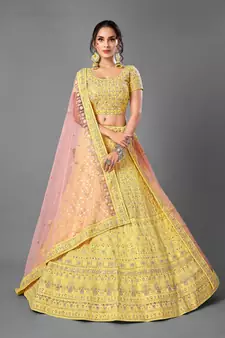Yellow embroidered georgette semi stitched lehenga