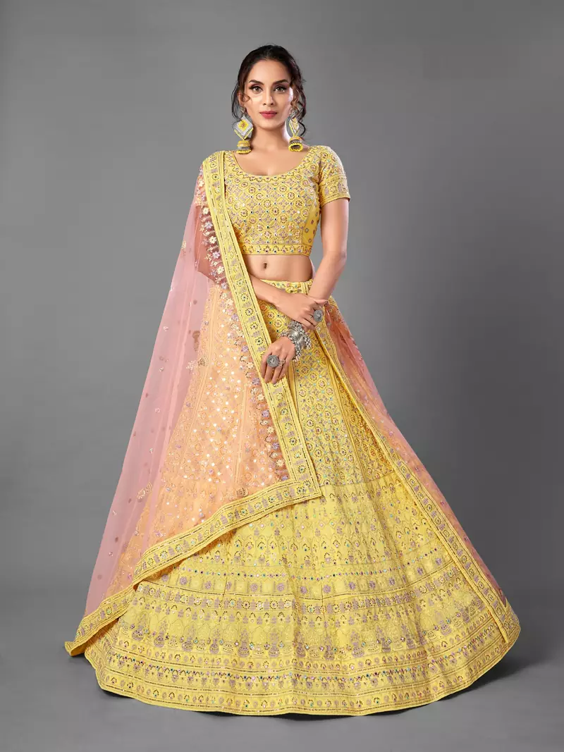 Yellow embroidered georgette semi stitched lehenga