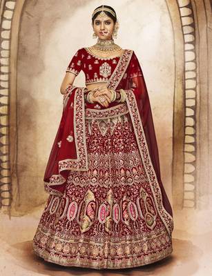 Maroon Thread, dori, zari, and sequins embroidered velvet lehenga choli for bride 1