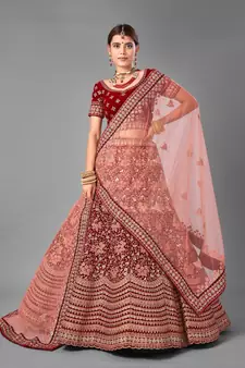 Maroon embroidered velvet semi stitched lehenga