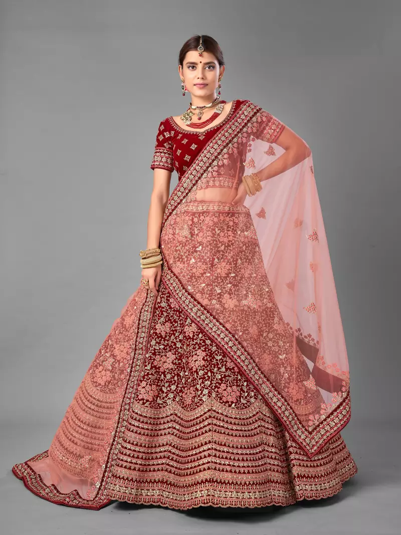 Maroon embroidered velvet semi stitched lehenga