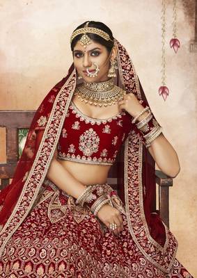 Maroon Thread, dori, zari, and sequins embroidered velvet lehenga choli for bride 2
