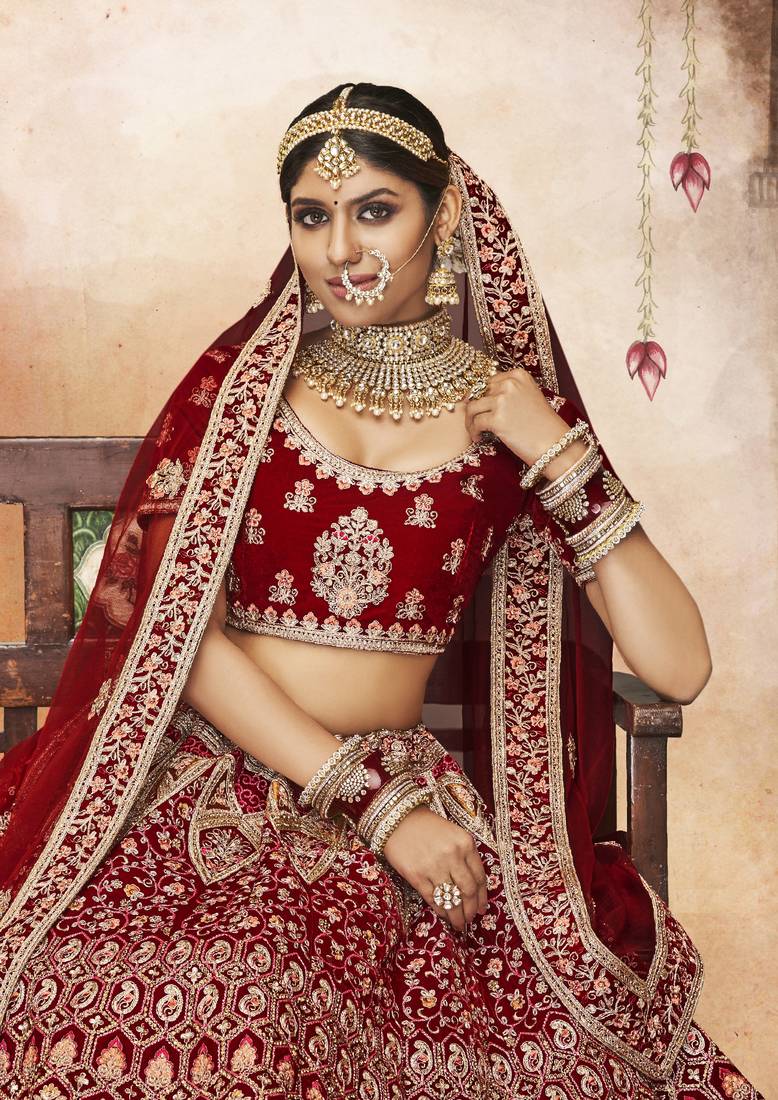 Maroon Thread, dori, zari, and sequins embroidered velvet lehenga choli for bride