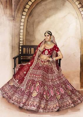 Maroon Thread, dori, zari, and sequins embroidered velvet lehenga choli for bride 3