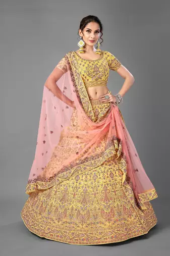 Yellow embroidered georgette semi stitched lehenga