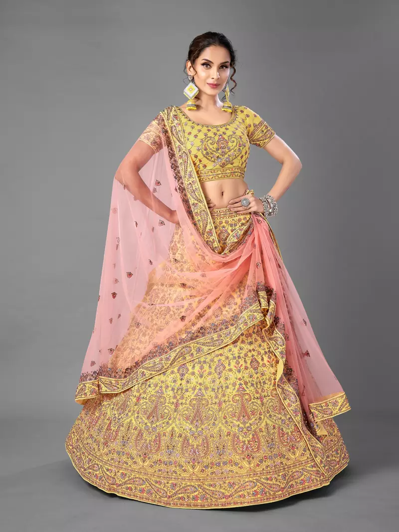 Yellow embroidered georgette semi stitched lehenga