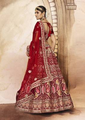 Maroon Thread, dori, zari, and sequins embroidered velvet lehenga choli for bride 4