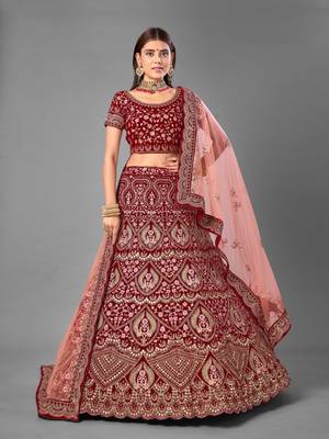 Maroon Dori embroidered velvet semi stitched lehenga 1