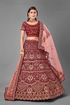 Maroon embroidered velvet semi stitched lehenga